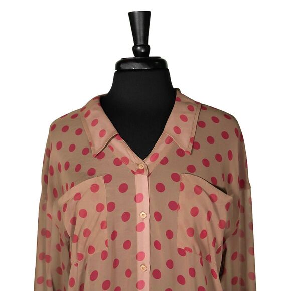 Free People Women's Shirt Button Up Beige Red Polka Dot Oversized Blouse Top S - Picture 5 of 9